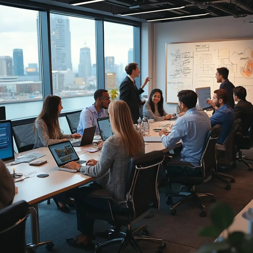 Team collaborating in a bright office meeting